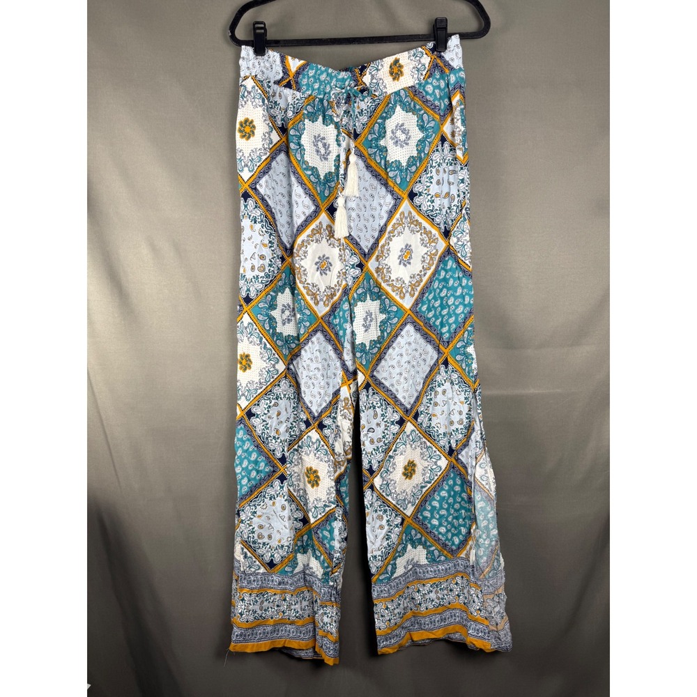 New Look Wide Leg Pants Womens XL Blue Teal Patchwork Paisley Boho Slit Tassel